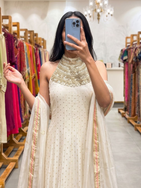 Kanakrekha Beige Chanderi Silk Indo-Western Anarkali Set With Zardozi Halter Yoke