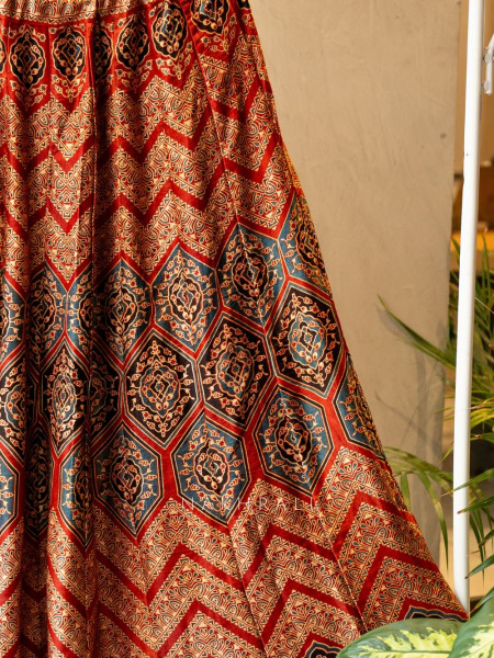 Jhoom Red Modal Silk Ajrakh Skirt – Geometric Harmony