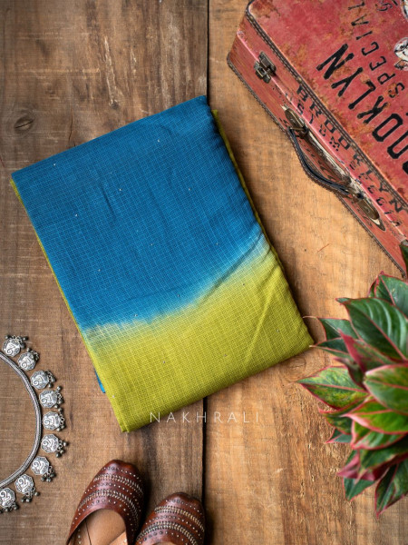 Vasu Handwoven Blue and Green Kota Saree with Cotton Satin Blouse
