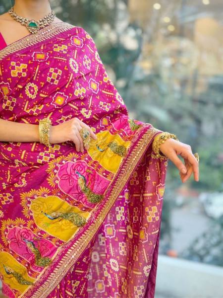 Rangbhaav Wine Printed Saree with Gota Patti Border