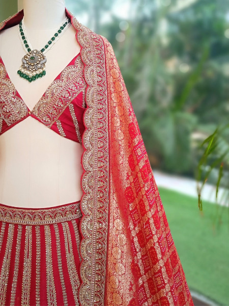 Vaidehi Royal Red Raw Silk Unstitched Bridal Lehenga – Zardozi, Pitta & Zari Work