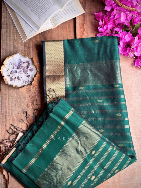 Maahishmati Bottle Green Maheshwari Saree with Zari Border