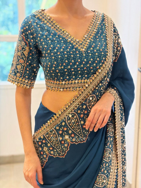 Neel Ranjani Navy Blue Readymade Saree with Mirror Border Work