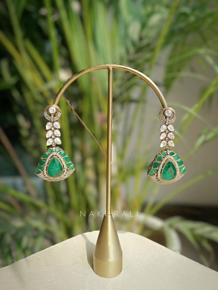 Image of Emerald Drop Kundan &amp; CZ Long Earrings