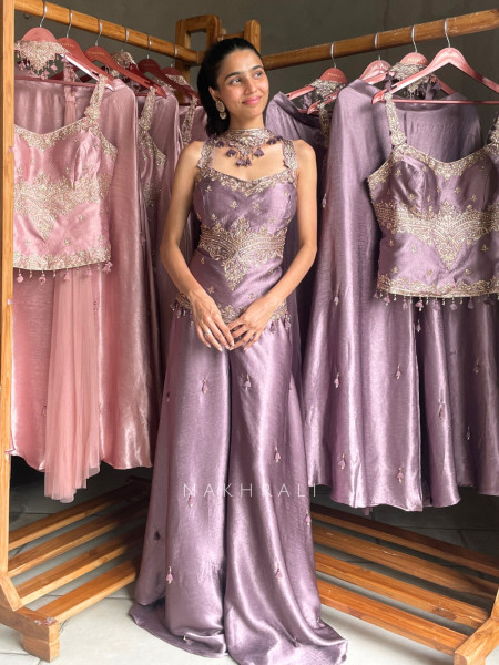 Rosette Purple Tissue Silk Corset Palazzo Set