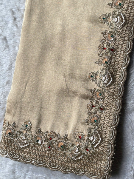 Ruby Royal Beige Raw Silk – Saree with Readymade Blouse