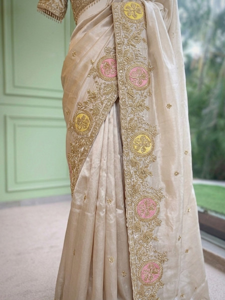 Kanakmedha Beige Silk Saree with Pink & Yellow Medallion Zari Work and Zardozi Embroidered Readymade Blouse