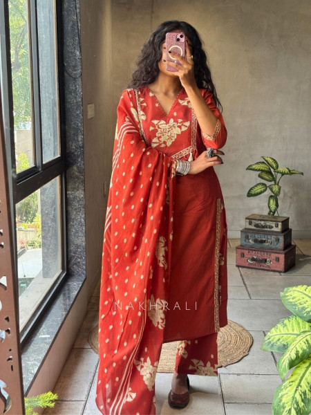 Kavishi Orange Cotton Suit Set with Floral Yoke Detail
