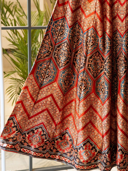 Jhoom Red Modal Silk Ajrakh Skirt – Geometric Harmony
