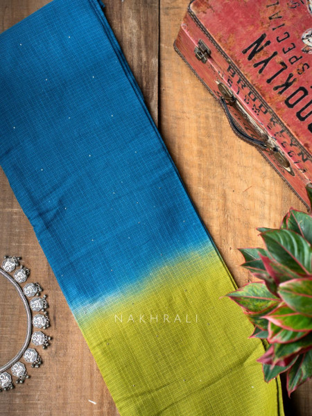 Vasu Handwoven Blue and Green Kota Saree with Cotton Satin Blouse
