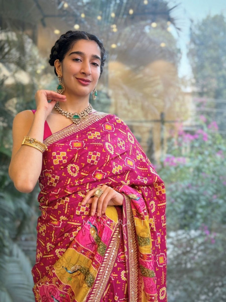 Rangbhaav Wine Printed Saree with Gota Patti Border
