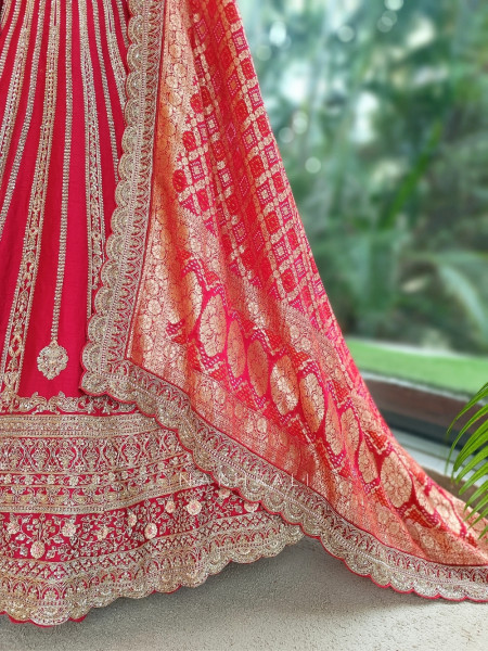 Vaidehi Royal Red Raw Silk Unstitched Bridal Lehenga – Zardozi, Pitta & Zari Work
