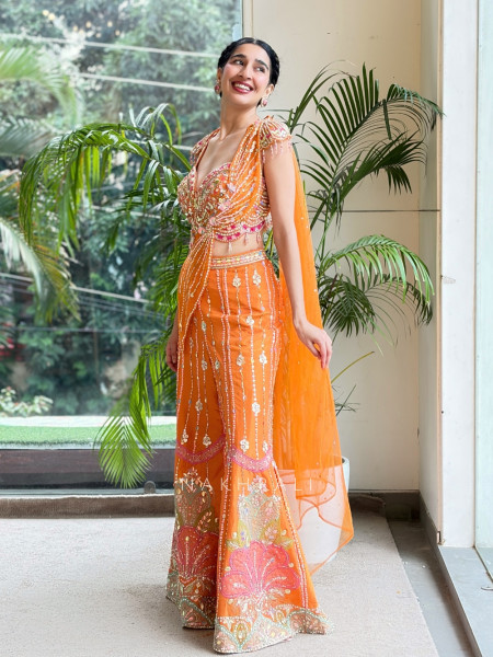 Solaris Petal Orange Satin Silk & Soft Net Indo-western