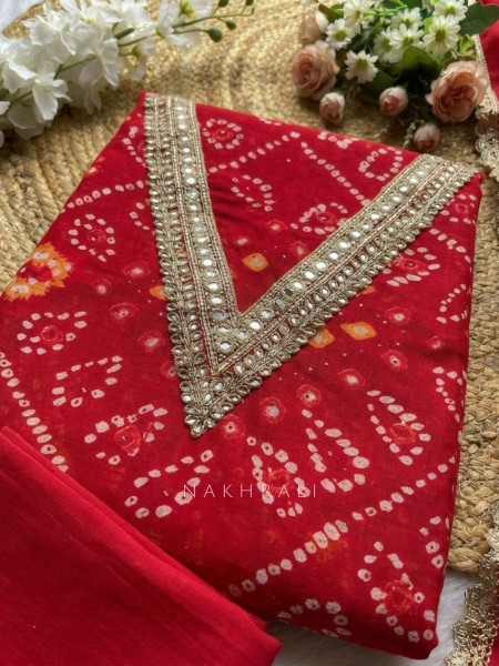 Survika Red Bandhani Printed Dress Material with Embellished Neckline