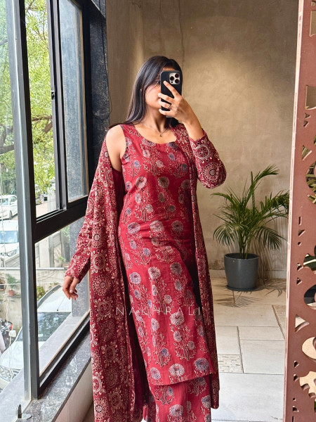 Autumn Maroon Cotton  Co-ord Set with Long Jacket
