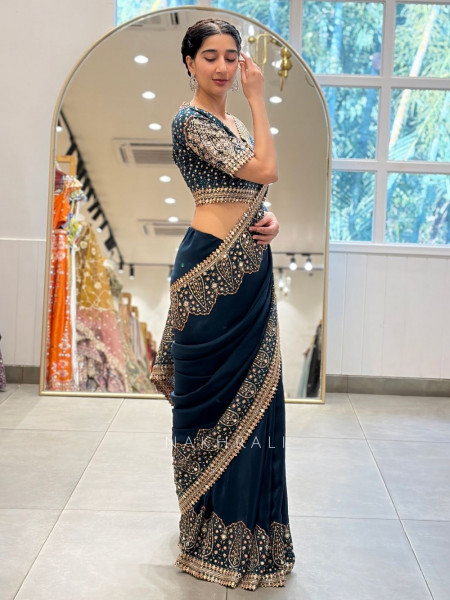 Neel Ranjani Navy Blue Readymade Saree with Mirror Border Work