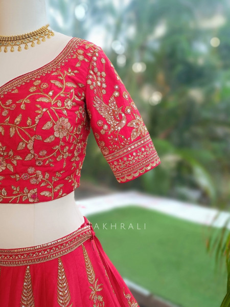 Rivisha Red Pure Raw Silk Bridal Lehenga Set With Reshma Zardozi & Peacock Embroidery