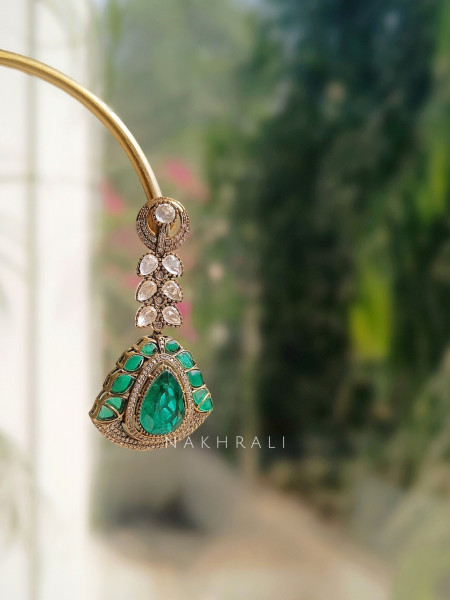 Emerald Drop Kundan & CZ Long Earrings