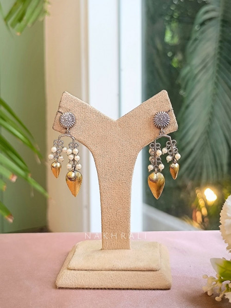 Golden Leaf Drop Oxidised Earrings with Pearl Clusters