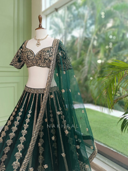 Zoyaara Paisley Green Silk Satin Lehenga Choli Set