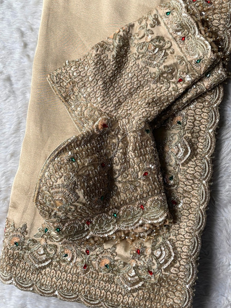 Ruby Royal Beige Raw Silk – Saree with Readymade Blouse