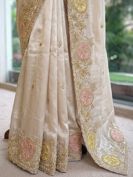Kanakmedha Beige Silk Saree with Pink & Yellow Medallion Zari Work and Zardozi Embroidered Readymade Blouse