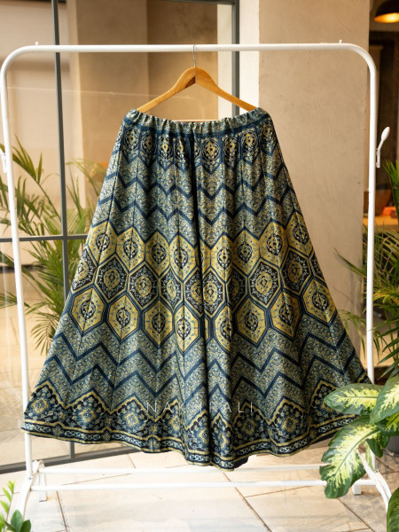 Jhoom Yellow Modal Silk Ajrakh Skirt – Geometric Harmony