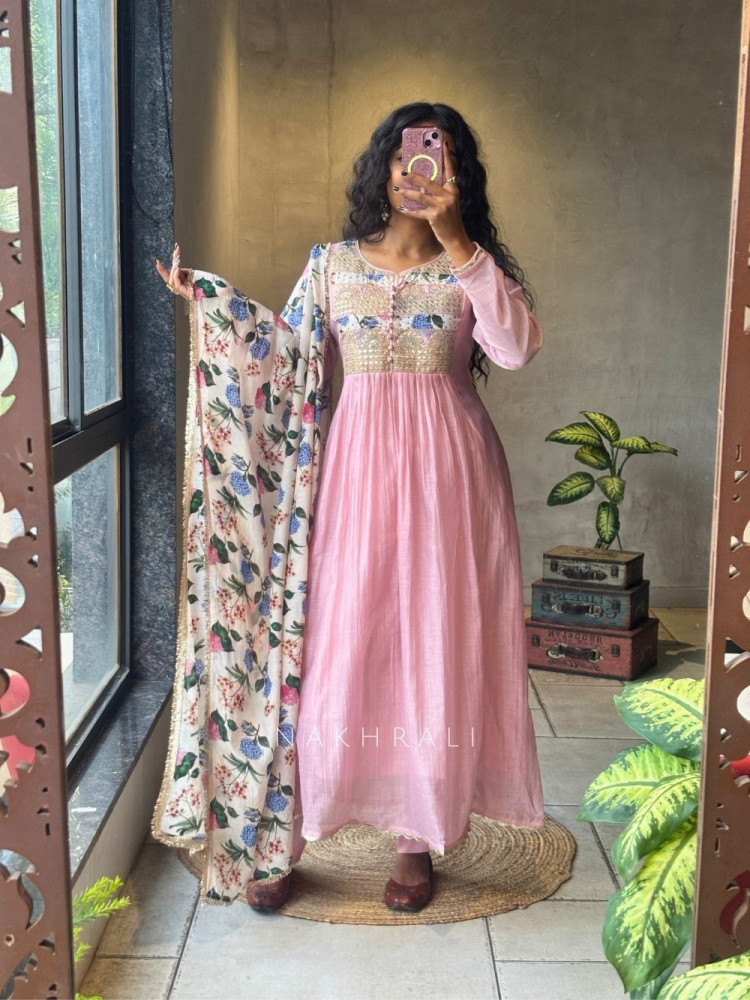 Image of Nilora Pink Anarkali Suit Set with Floral Dupatta