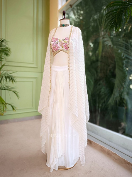 Ivory Luxe Crop Top Drape Skirt Set with Jacket