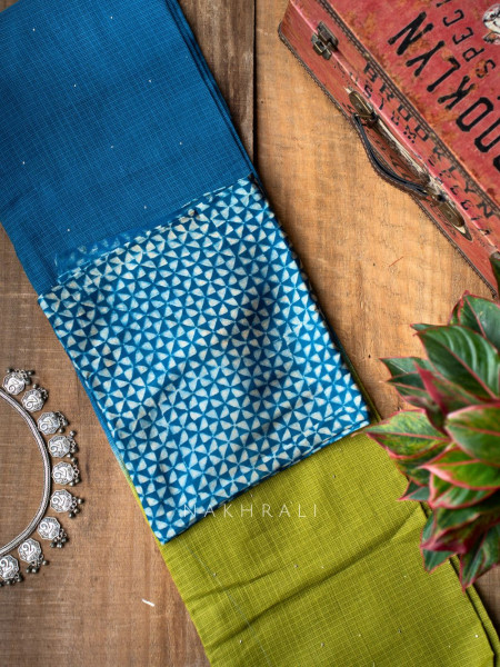 Vasu Handwoven Blue and Green Kota Saree with Cotton Satin Blouse