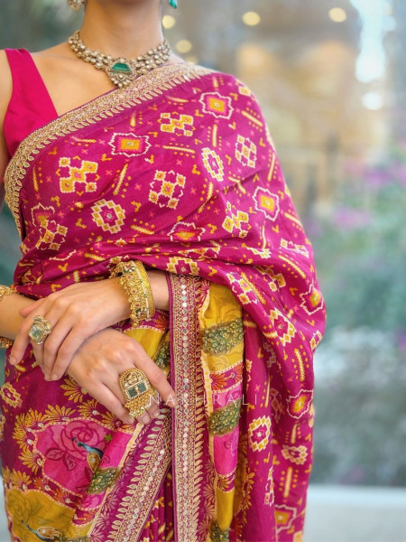 Rangbhaav Wine Printed Saree with Gota Patti Border