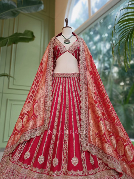 Vaidehi Royal Red Raw Silk Unstitched Bridal Lehenga – Zardozi, Pitta & Zari Work