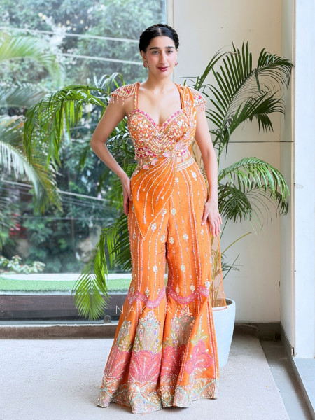 Solaris Petal Orange Satin Silk & Soft Net Indo-western