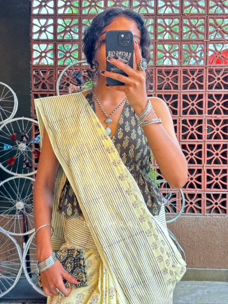 Amalsaar Yellow Cotton Saree with Block Print