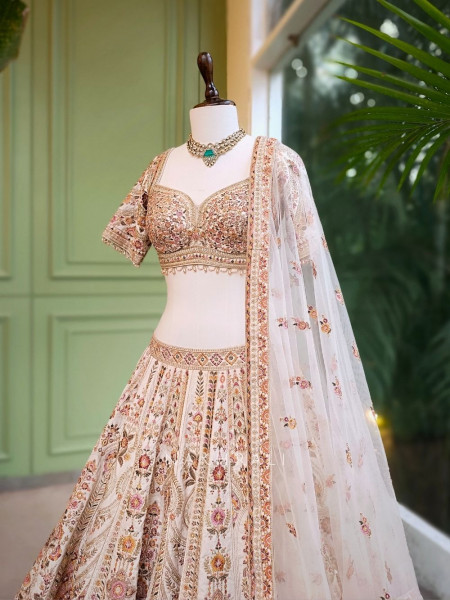 Ivory Radiance Silk Bridal Lehenga with Embroidery, Beads & Sequin Work