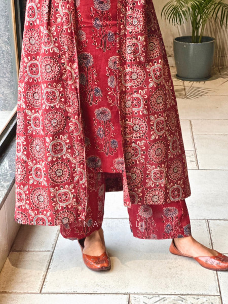 Autumn Maroon Cotton  Co-ord Set with Long Jacket