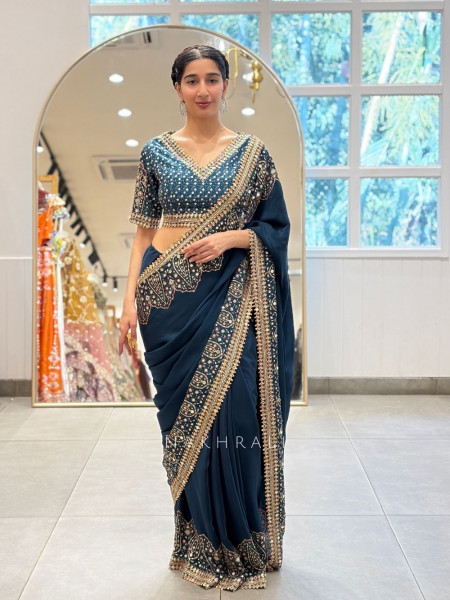 Neel Ranjani Navy Blue Readymade Saree with Mirror Border Work