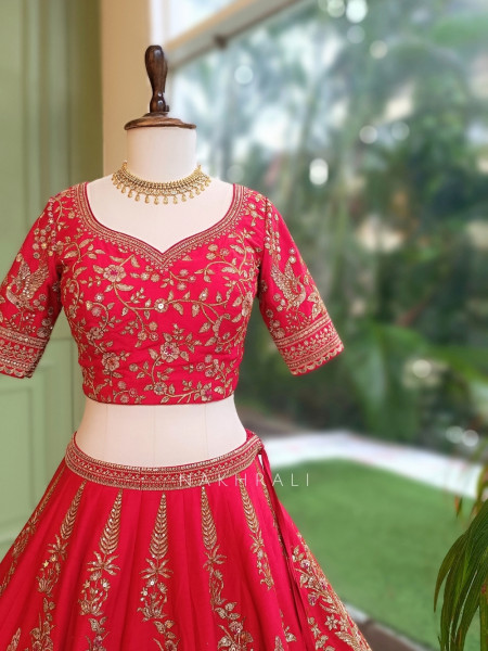 Rivisha Red Pure Raw Silk Bridal Lehenga Set With Reshma Zardozi & Peacock Embroidery