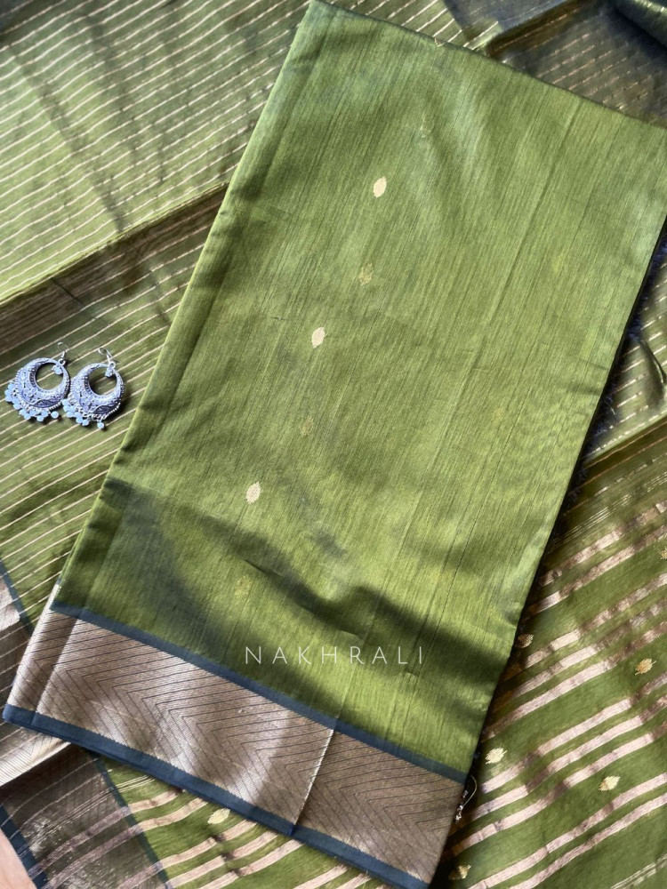Image of Koshika Mehendi Green Maheshwari Dress Material with Zari Border