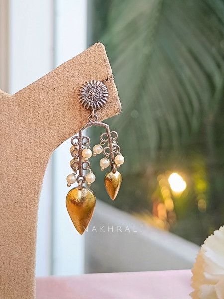 Golden Leaf Drop Oxidised Earrings with Pearl Clusters