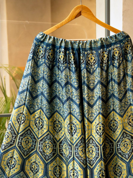 Jhoom Yellow Modal Silk Ajrakh Skirt – Geometric Harmony