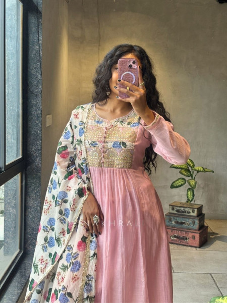 Nilora Pink Anarkali Suit Set with Floral Dupatta
