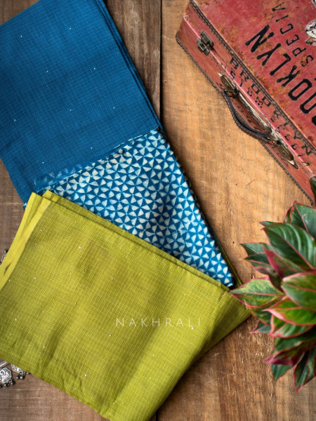 Vasu Handwoven Blue and Green Kota Saree with Cotton Satin Blouse