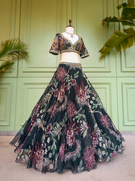 Nyx Zinnia Green Organza Silk Lehenga Set