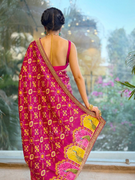 Rangbhaav Wine Printed Saree with Gota Patti Border