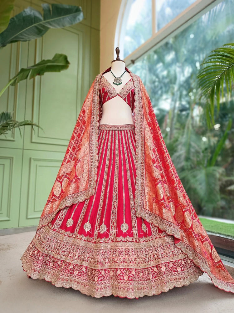 Image of Vaidehi Royal Red Raw Silk Unstitched Bridal Lehenga – Zardozi, Pitta &amp; Zari Work