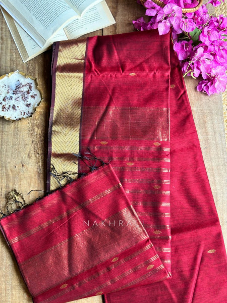 Maahishmati Maroon Maheshwari Saree with Zari Border