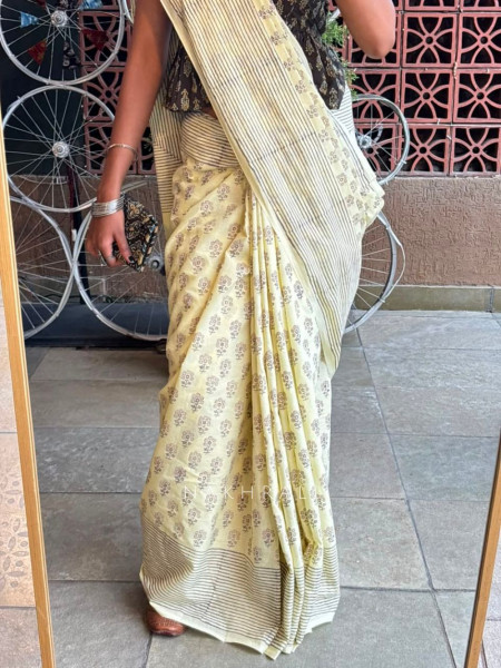 Amalsaar Yellow Cotton Saree with Block Print