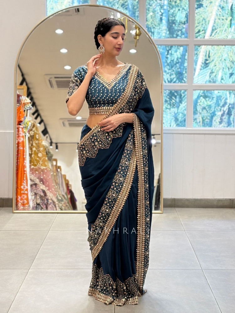 Image of Neel Ranjani Navy Blue Readymade Saree with Mirror Border Work