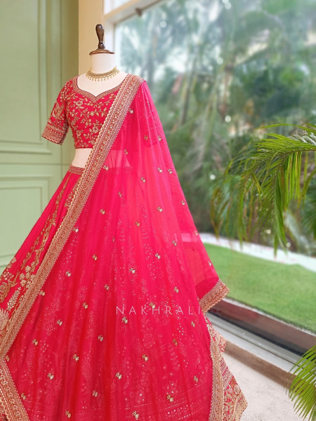 Rivisha Red Pure Raw Silk Bridal Lehenga Set With Reshma Zardozi & Peacock Embroidery